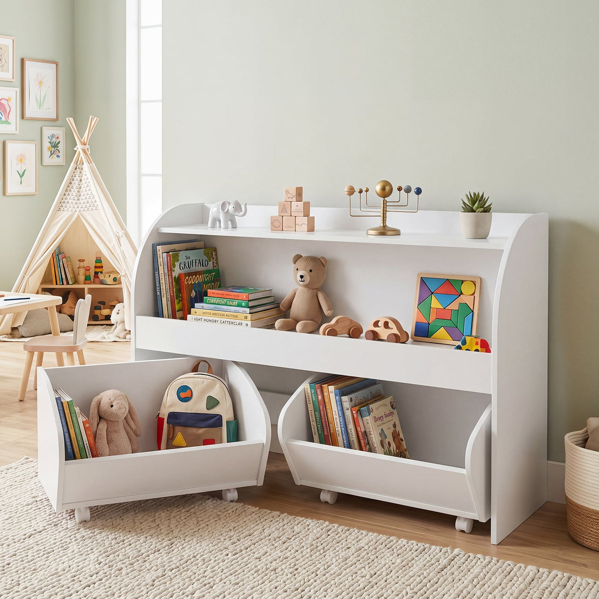 3-Tier Kids Toy Storage Organizer with 2 Rolling Drawers Bookcase for Kids Room-White