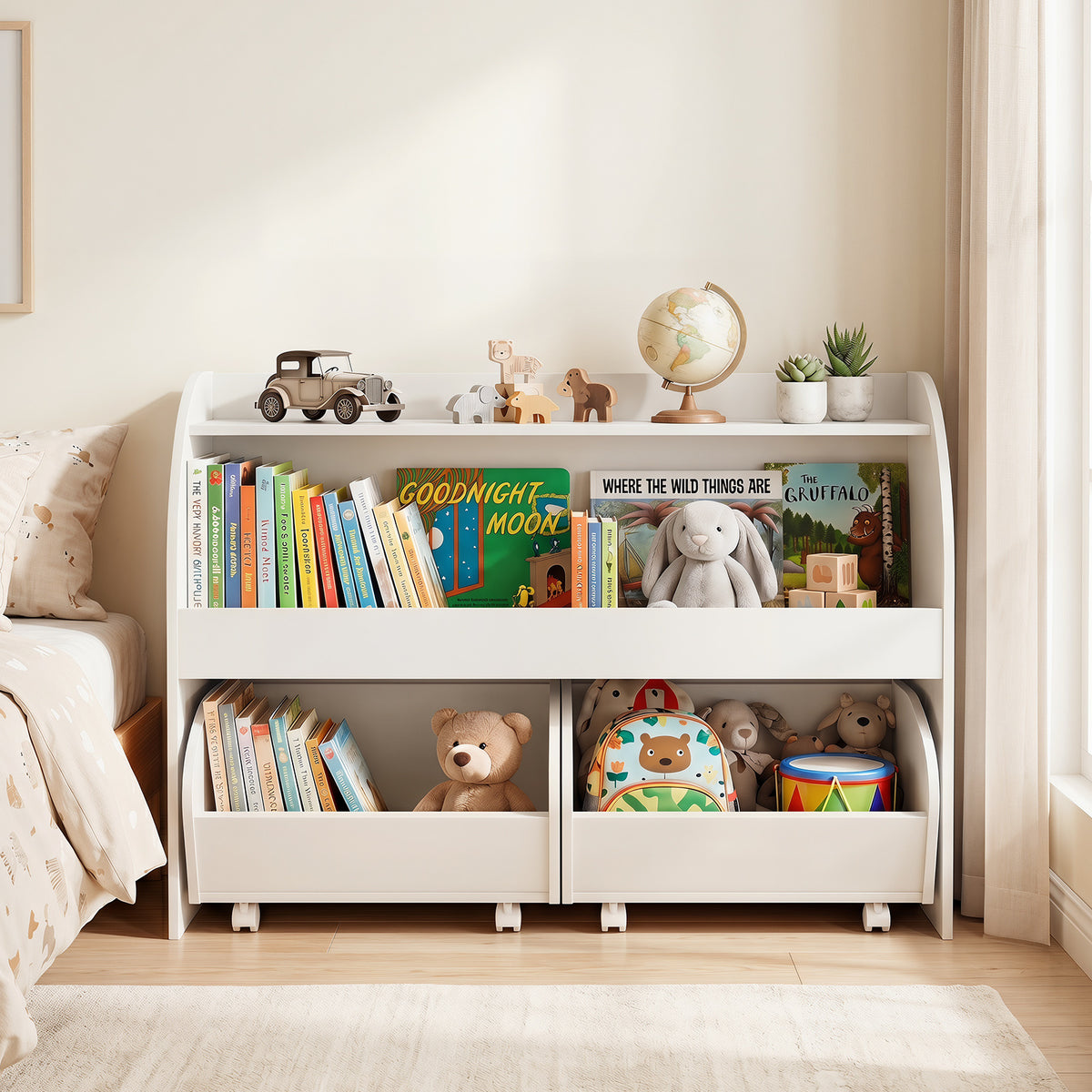 3-Tier Kids Toy Storage Organizer with 2 Rolling Drawers Bookcase for Kids Room-White