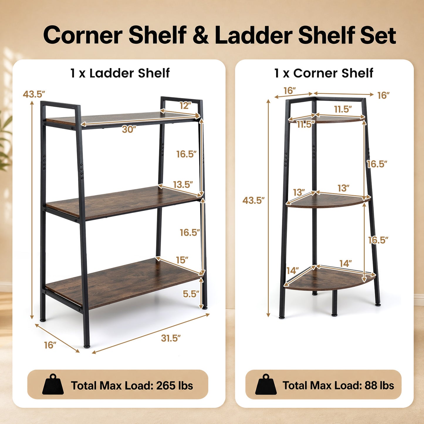 3-Tier Ladder Shelf & Corner Stand w/Metal Frame for Living Room Kitchen-Rustic Brown