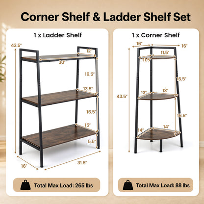 3-Tier Ladder Shelf & Corner Stand w/Metal Frame for Living Room Kitchen-Rustic Brown