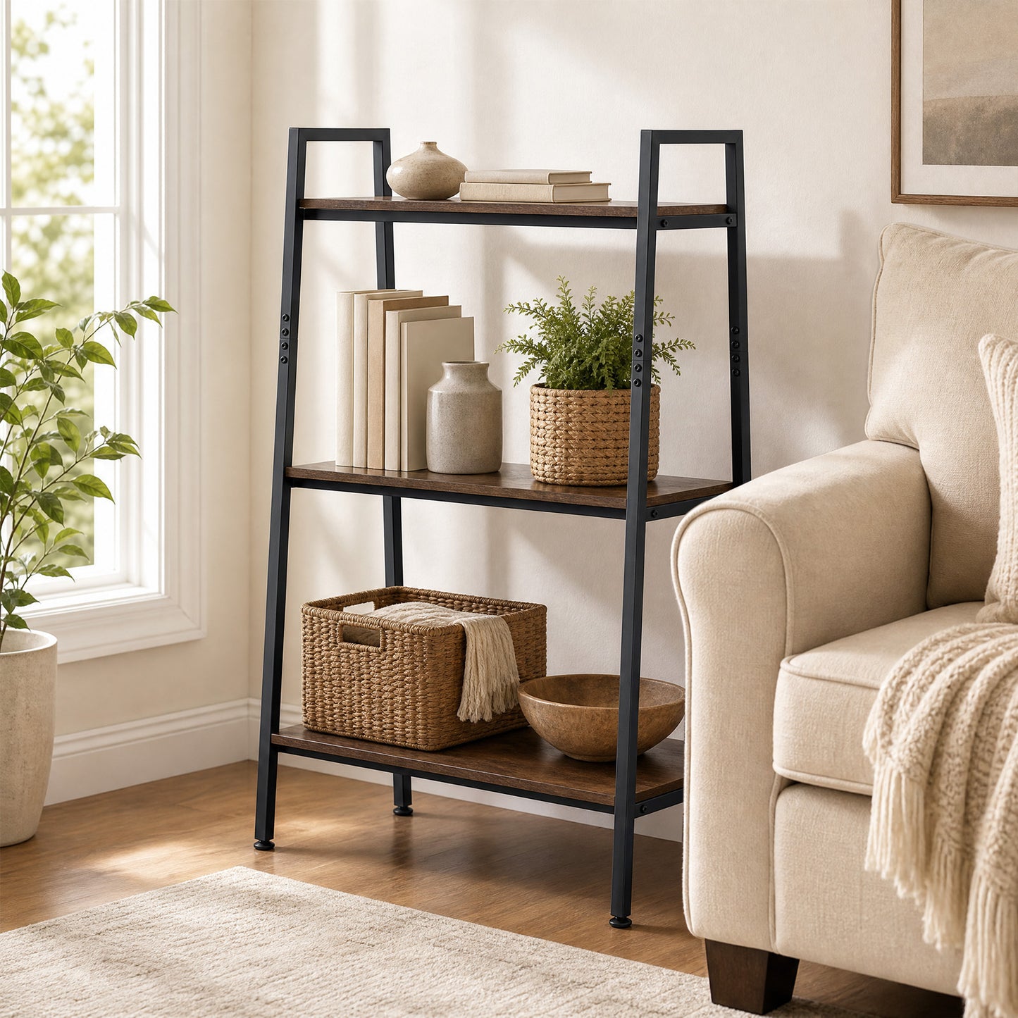 3-Tier Ladder Shelf & Corner Stand w/Metal Frame for Living Room Kitchen-Rustic Brown