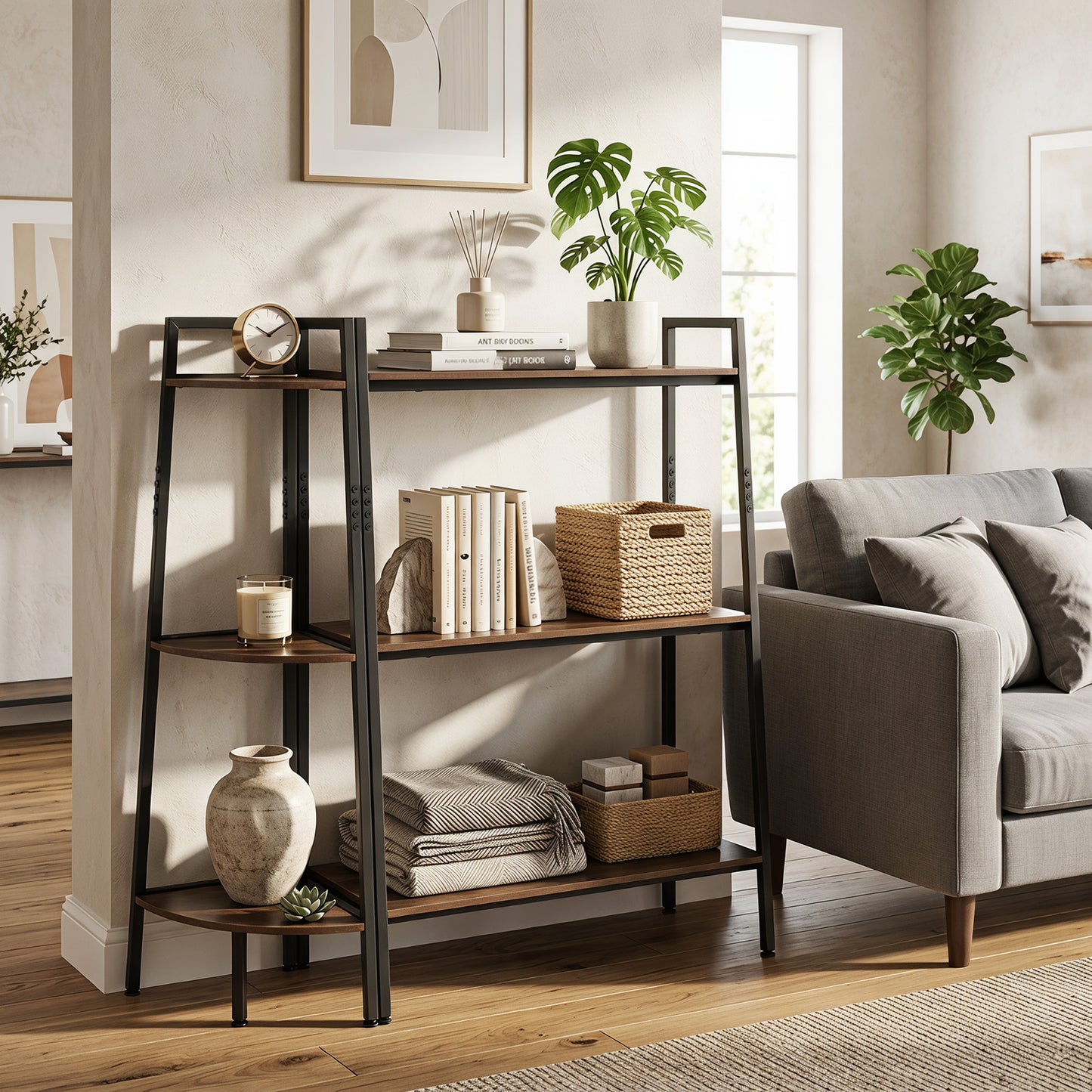 3-Tier Ladder Shelf & Corner Stand w/Metal Frame for Living Room Kitchen-Rustic Brown