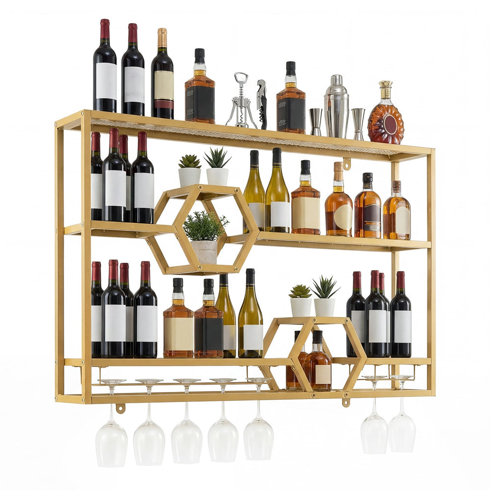 3-Tier Metal Wall Mounted Wine Rack with Glass Holder for Home Bar-Golden