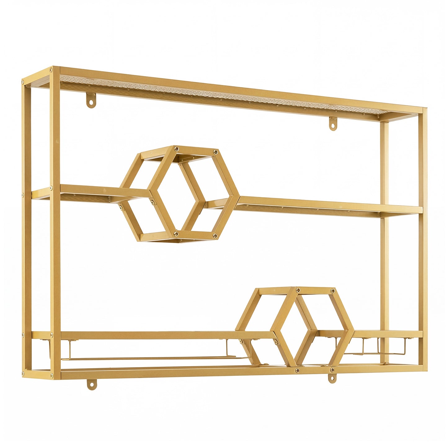 3-Tier Metal Wall Mounted Wine Rack with Glass Holder for Home Bar-Golden