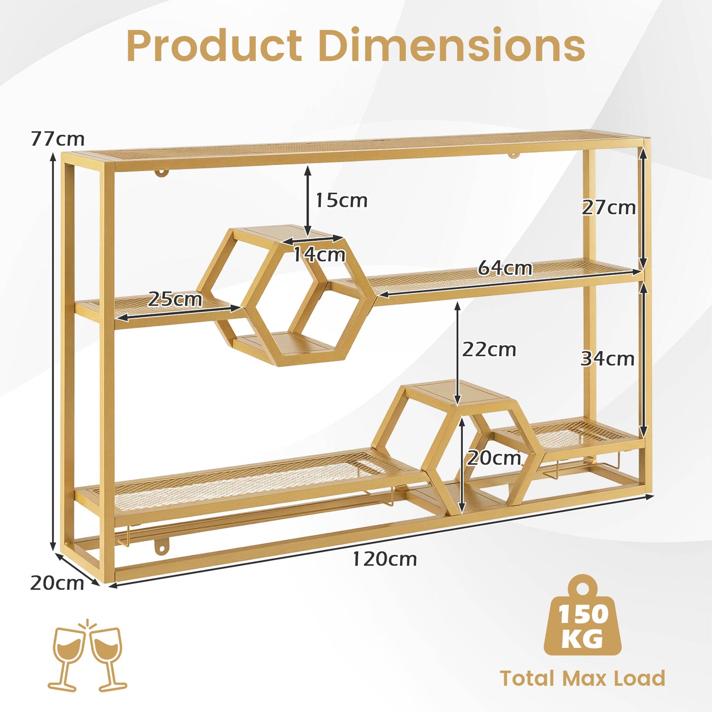 3-Tier Metal Wall Mounted Wine Rack with Glass Holder for Home Bar-Golden