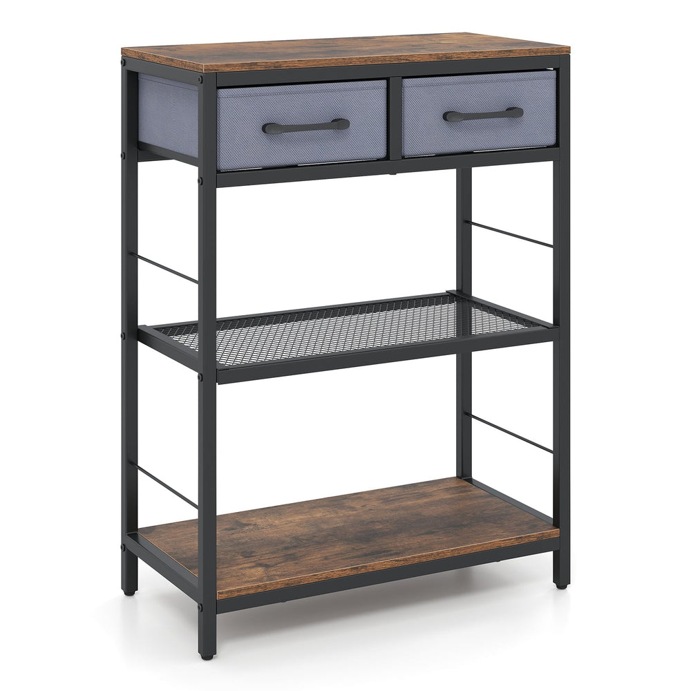 3-Tier Narrow Console Table with 2 Fabric Drawers and Open Shelves-Rustic Brown