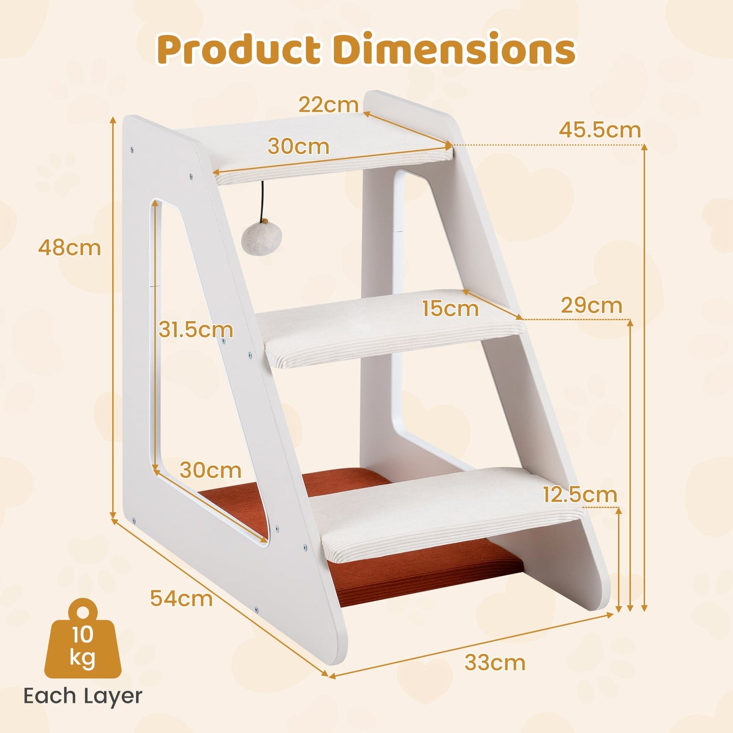 3-Tier Pet Steps for Dogs & Cats w/ Non-Slip Corduroy Surface for Access to Sofa-White