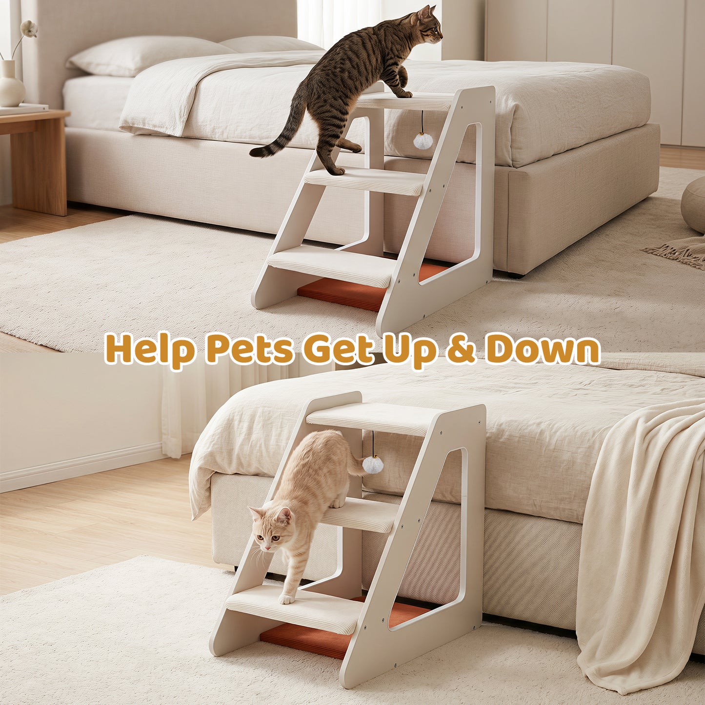 3-Tier Pet Steps for Dogs & Cats w/ Non-Slip Corduroy Surface for Access to Sofa-White