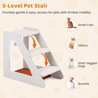 3-Tier Pet Steps for Dogs & Cats w/ Non-Slip Corduroy Surface for Access to Sofa-White