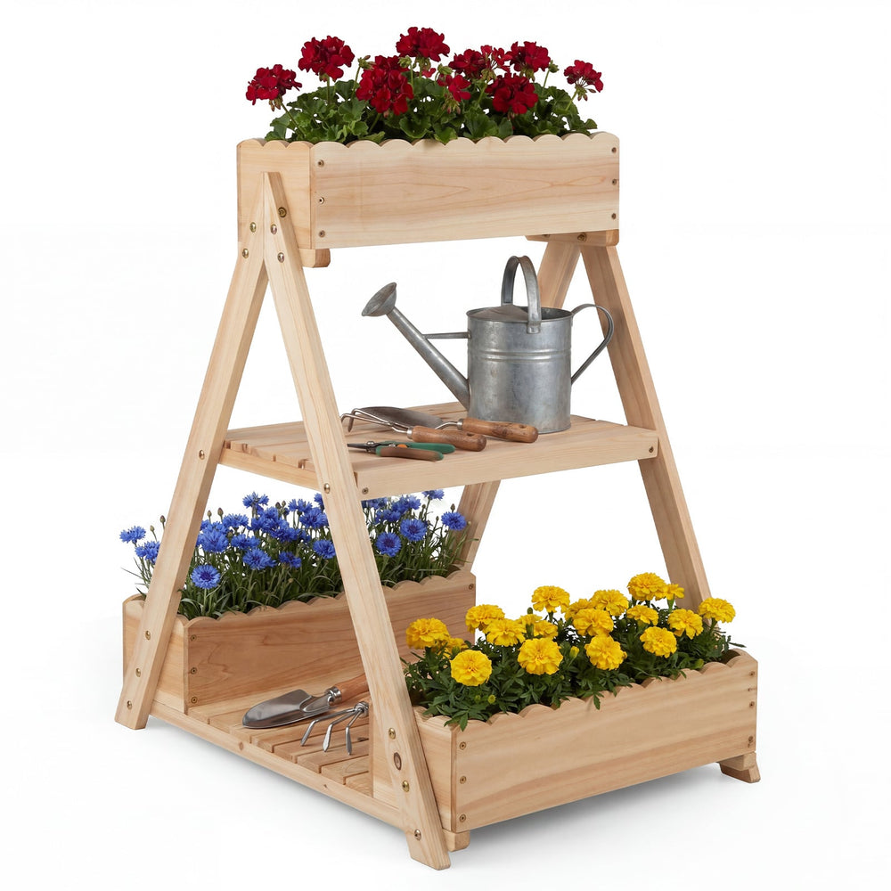 3-Tier Raised Garden Bed with 3 Planter Boxes and 2 Storage Shelves-Natural