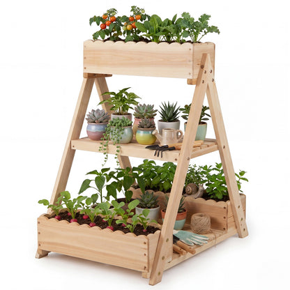 3-Tier Raised Garden Bed with 3 Planter Boxes and 2 Storage Shelves-Natural