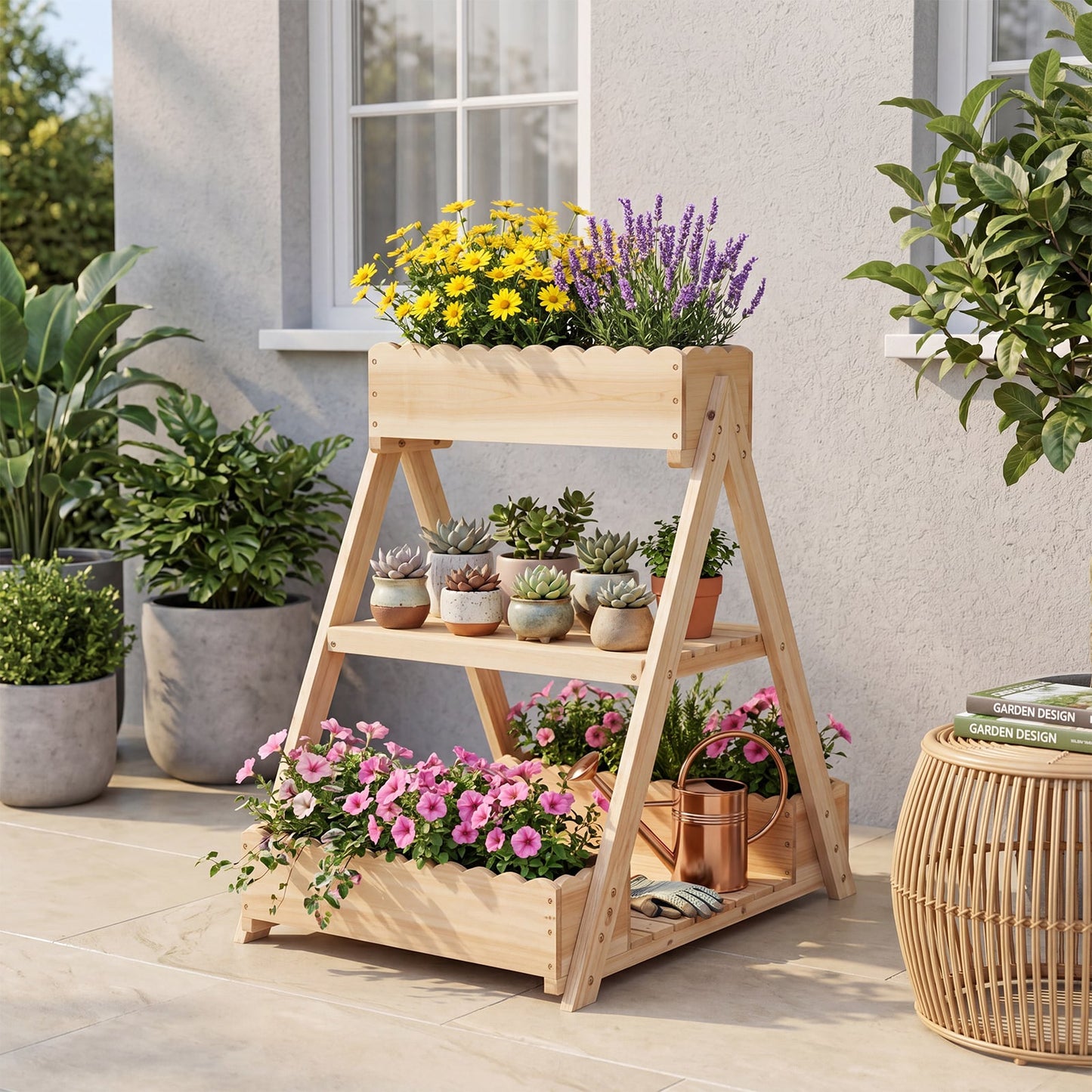 3-Tier Raised Garden Bed with 3 Planter Boxes and 2 Storage Shelves-Natural