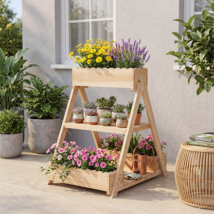 3-Tier Raised Garden Bed with 3 Planter Boxes and 2 Storage Shelves-Natural