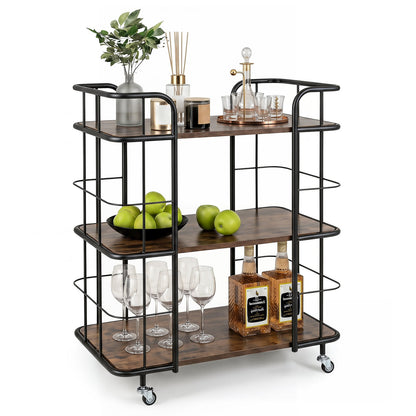 3-Tier Rolling Buffet Serving Cart with Lockable Wheels and Metal Frame-Rusticbrown
