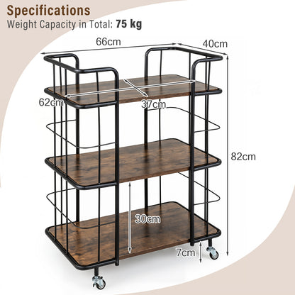 3-Tier Rolling Buffet Serving Cart with Lockable Wheels and Metal Frame-Rusticbrown