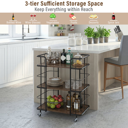 3-Tier Rolling Buffet Serving Cart with Lockable Wheels and Metal Frame-Rusticbrown