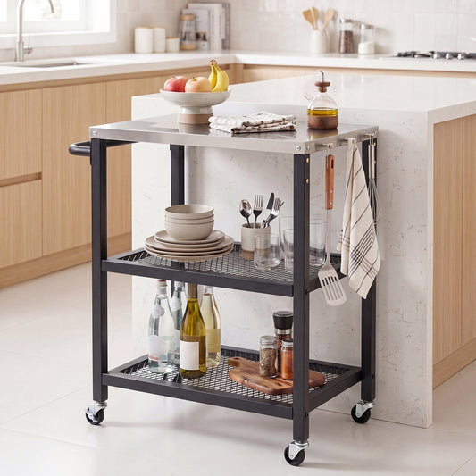 3-Tier Rolling Grill Cart with Stainless Top and Hanging Posts for Kitchen-Black