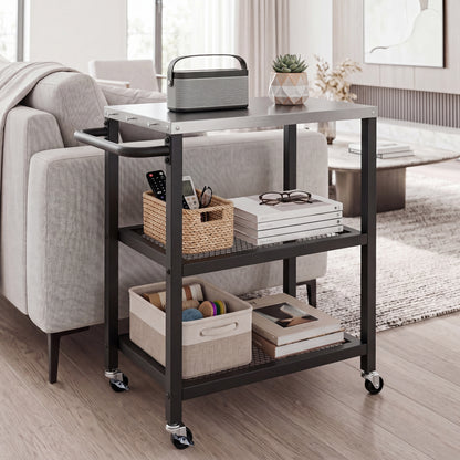 3-Tier Rolling Grill Cart with Stainless Top and Hanging Posts for Kitchen-Black