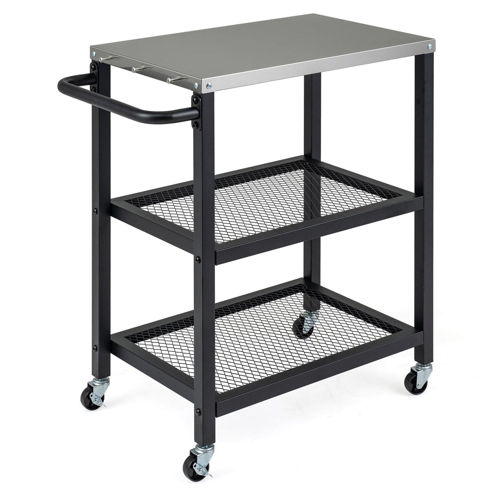 3-Tier Rolling Grill Cart with Stainless Top and Hanging Posts for Kitchen-Black