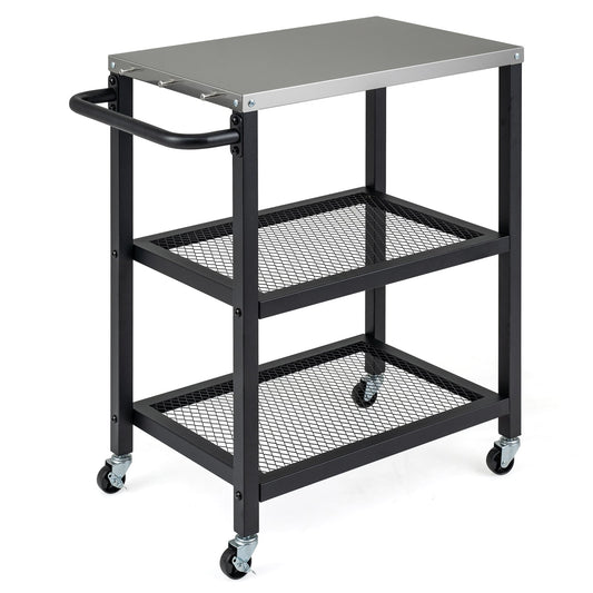 3-Tier Rolling Grill Cart with Stainless Top and Hanging Posts for Kitchen-Black