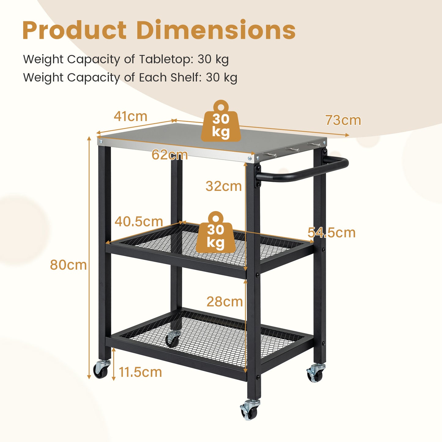 3-Tier Rolling Grill Cart with Stainless Top and Hanging Posts for Kitchen-Black