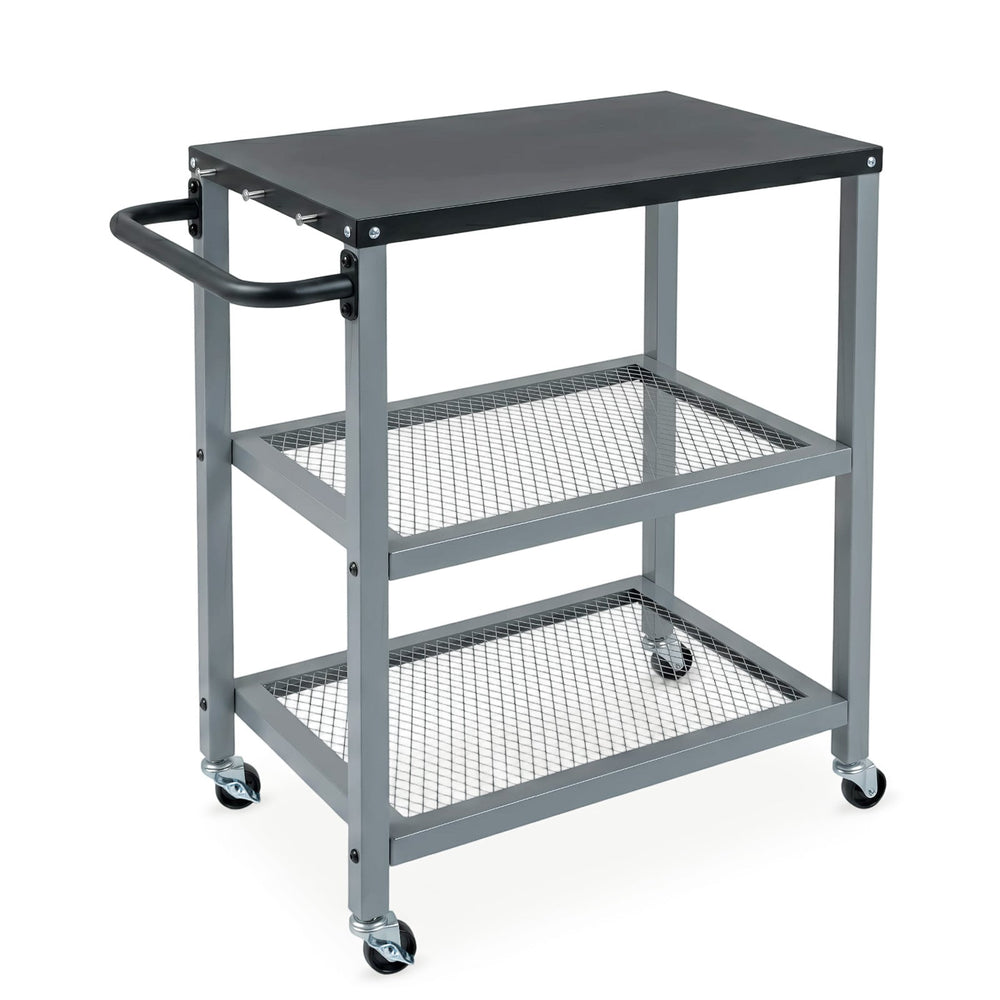 3-Tier Rolling Grill Cart with Stainless Top and Hanging Posts for Kitchen-Silver
