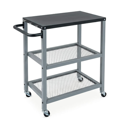 3-Tier Rolling Grill Cart with Stainless Top and Hanging Posts for Kitchen-Silver