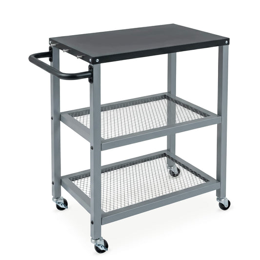3-Tier Rolling Grill Cart with Stainless Top and Hanging Posts for Kitchen-Silver