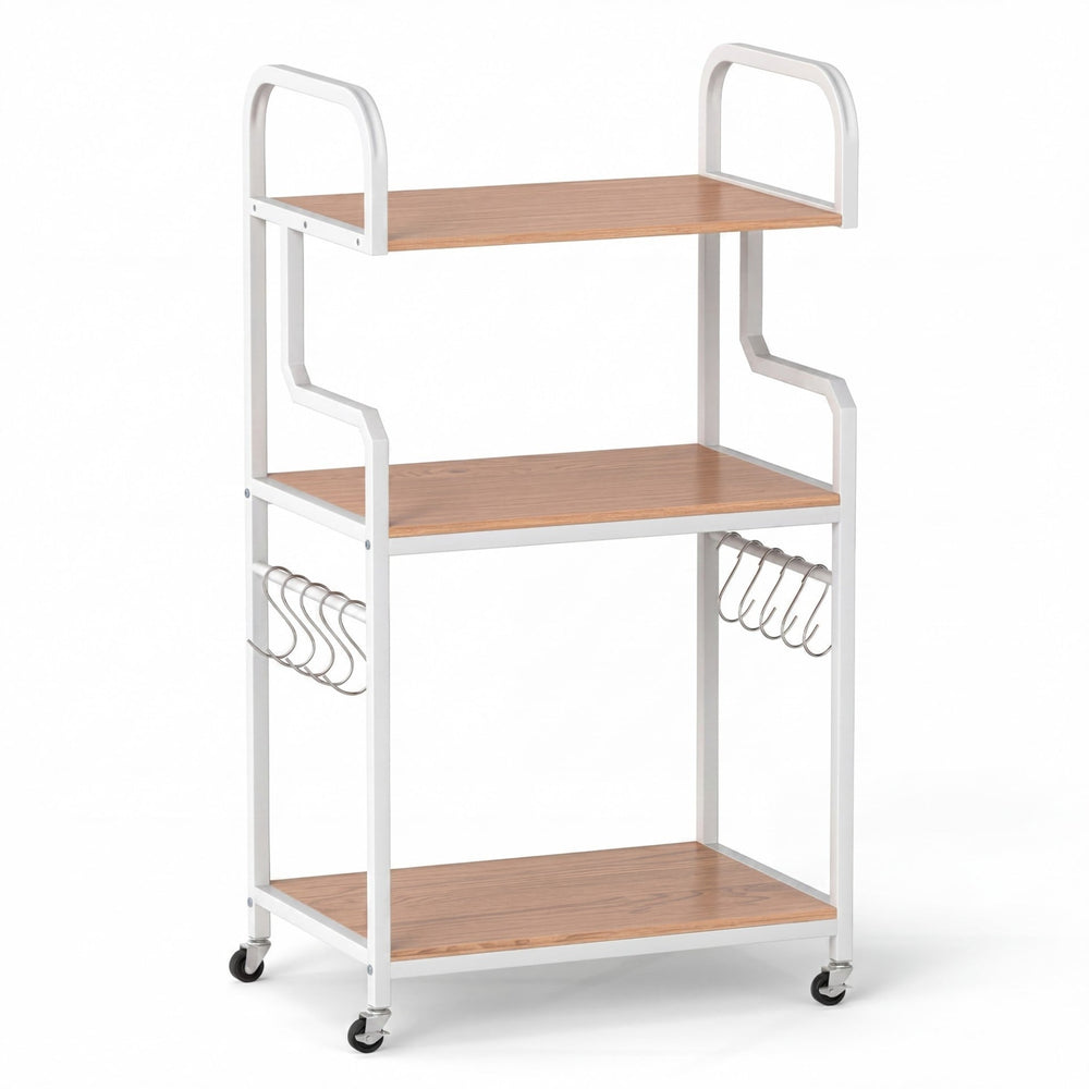 3-Tier Rolling Printer Stand with Storage Shelves and Hooks-Natural
