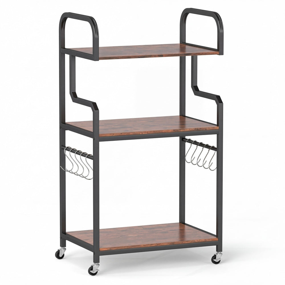 3-Tier Rolling Printer Stand with Storage Shelves and Hooks-Rustic Brown