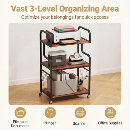 3-Tier Rolling Printer Stand with Storage Shelves and Hooks-Rustic Brown