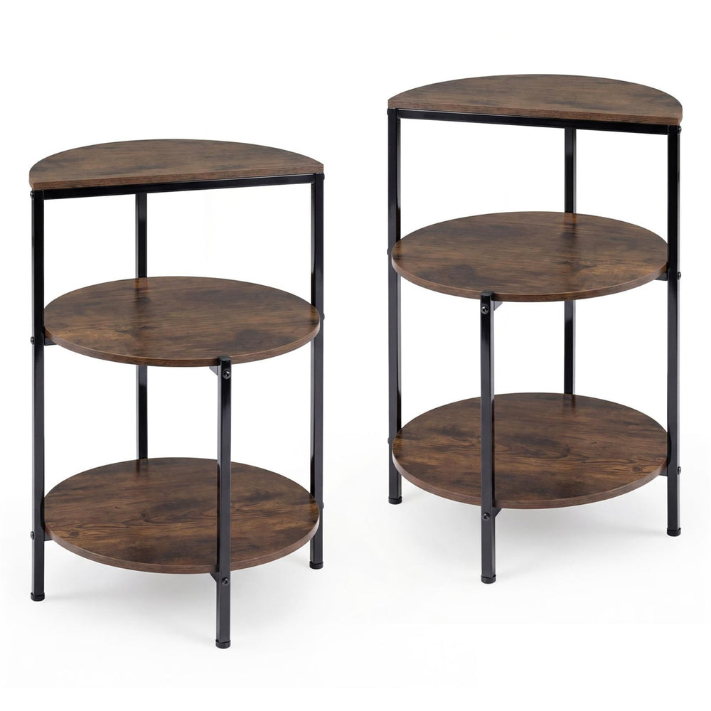 3-Tier Round Side Table Set of 2 with Storage Shelves and Metal Frame for Small Spaces-Rustic Brown
