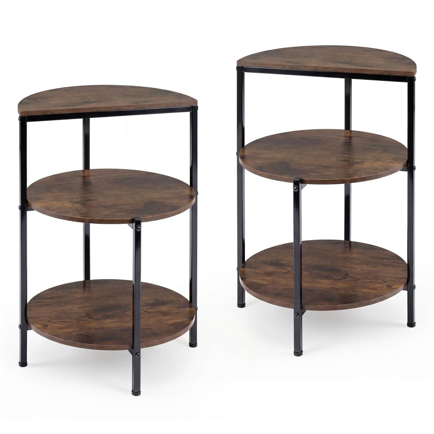 3-Tier Round Side Table Set of 2 with Storage Shelves and Metal Frame for Small Spaces-Rustic Brown