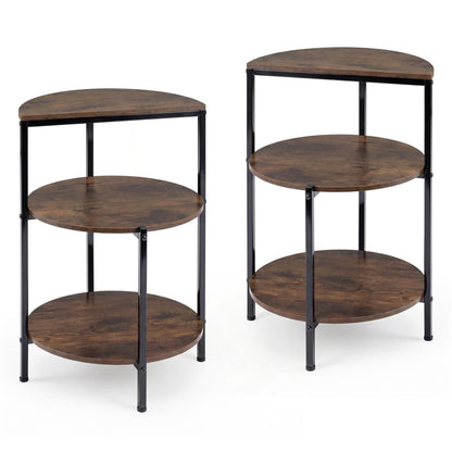 3-Tier Round Side Table Set of 2 with Storage Shelves and Metal Frame for Small Spaces-Rustic Brown