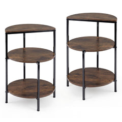 3-Tier Round Side Table Set of 2 with Storage Shelves and Metal Frame for Small Spaces-Rustic Brown