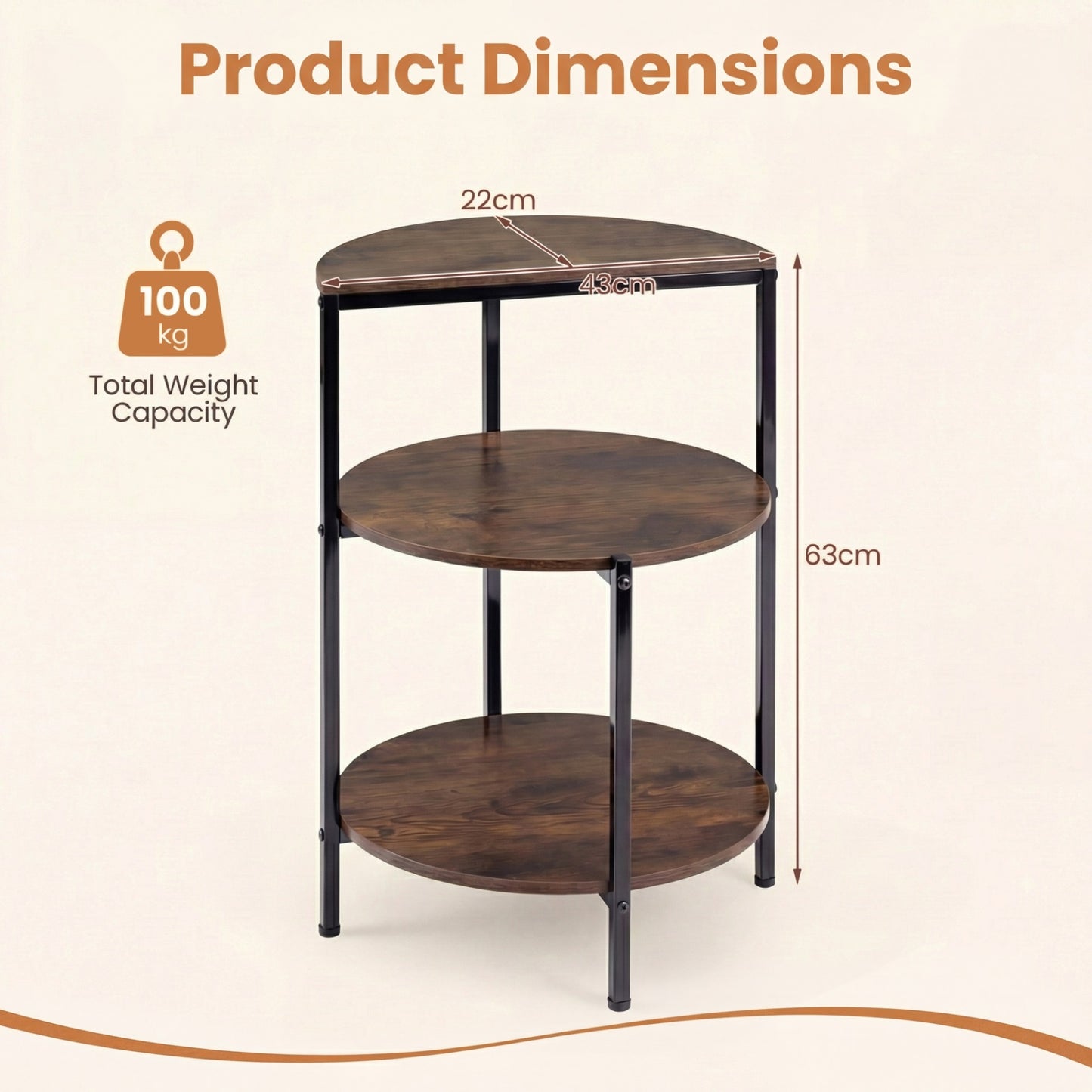 3-Tier Round Side Table Set of 2 with Storage Shelves and Metal Frame for Small Spaces-Rustic Brown