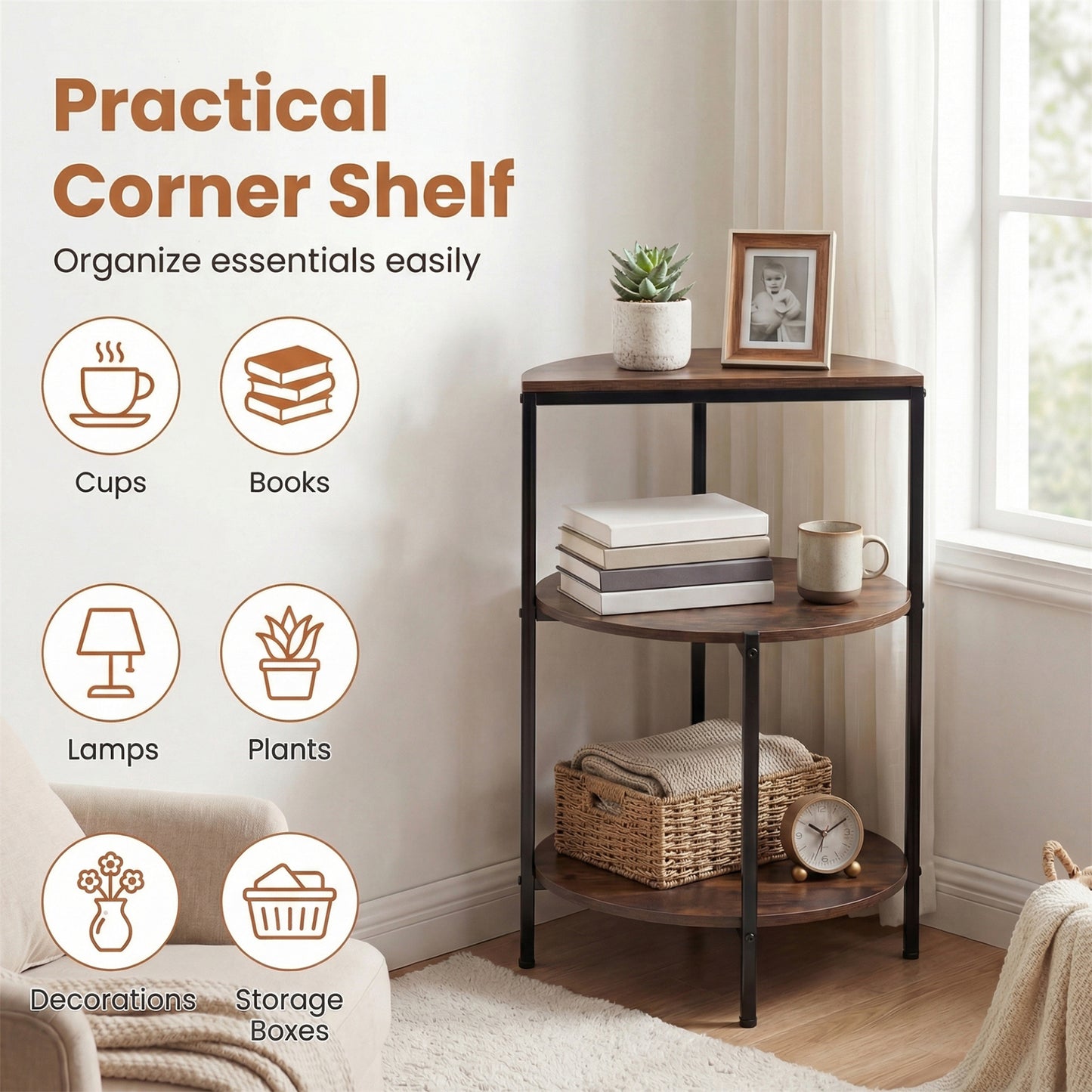 3-Tier Round Side Table Set of 2 with Storage Shelves and Metal Frame for Small Spaces-Rustic Brown