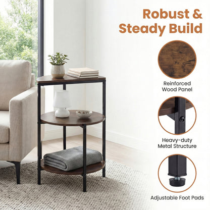 3-Tier Round Side Table Set of 2 with Storage Shelves and Metal Frame for Small Spaces-Rustic Brown
