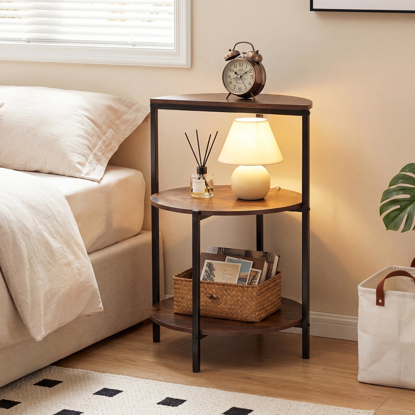 3-Tier Round Side Table with Storage Shelves and Metal Frame for Small Spaces-Rustic Brown