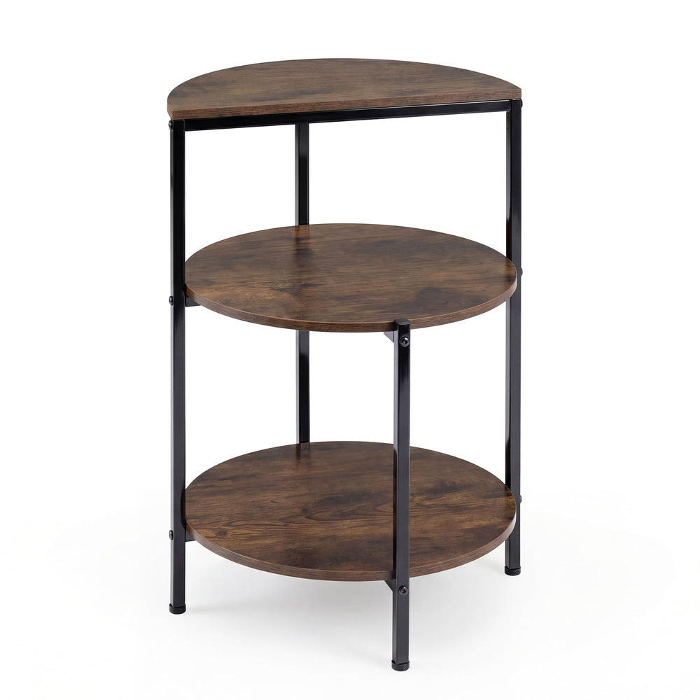 3-Tier Round Side Table with Storage Shelves and Metal Frame for Small Spaces-Rustic Brown