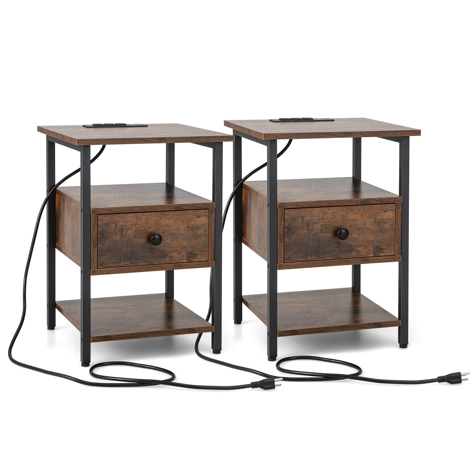 3-Tier Set of 2 Nightstand with Charging Station Open Shelves and Drawer