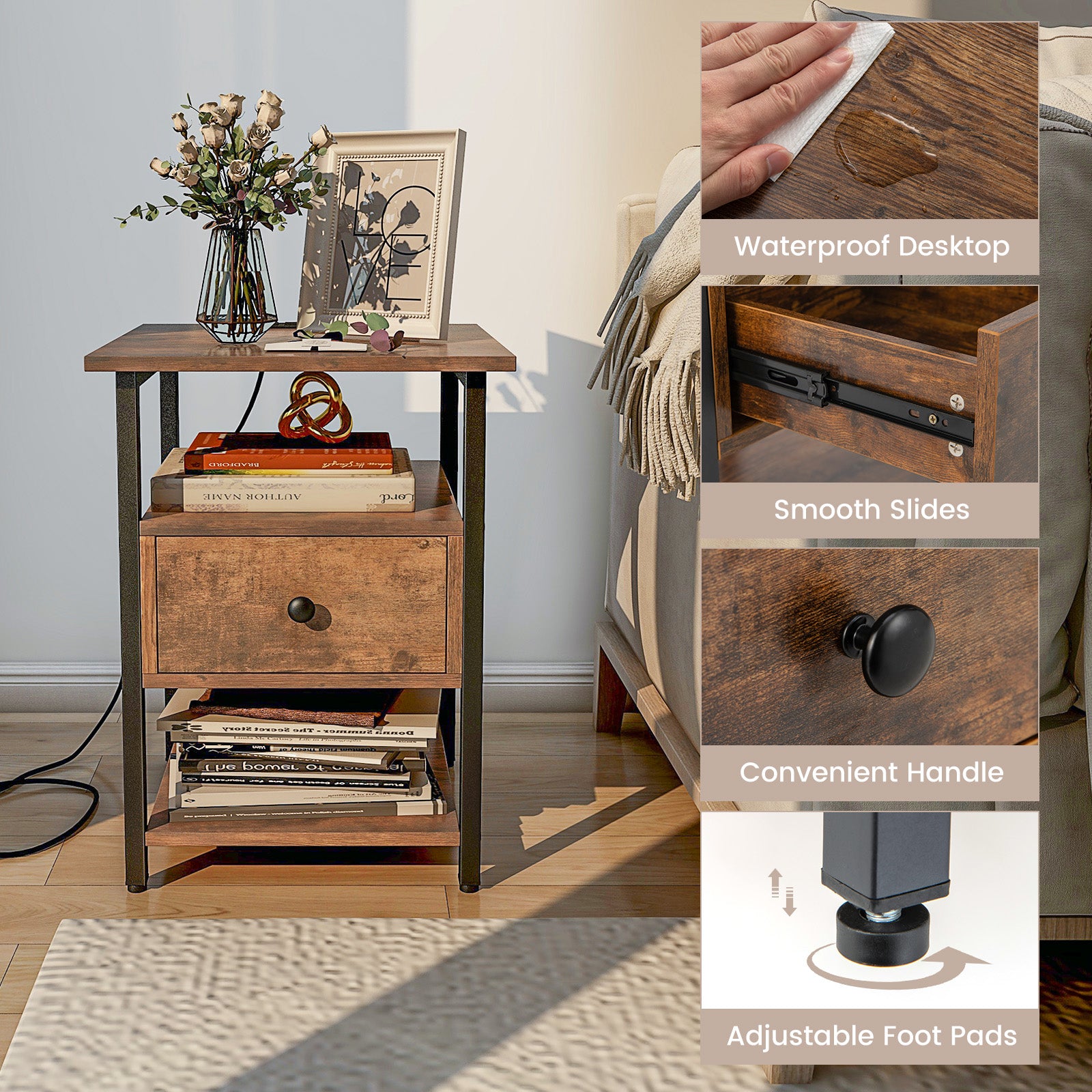 3-Tier Set of 2 Nightstand with Charging Station Open Shelves and Drawer