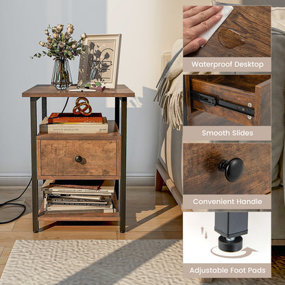 3-Tier Set of 2 Nightstand with Charging Station Open Shelves and Drawer
