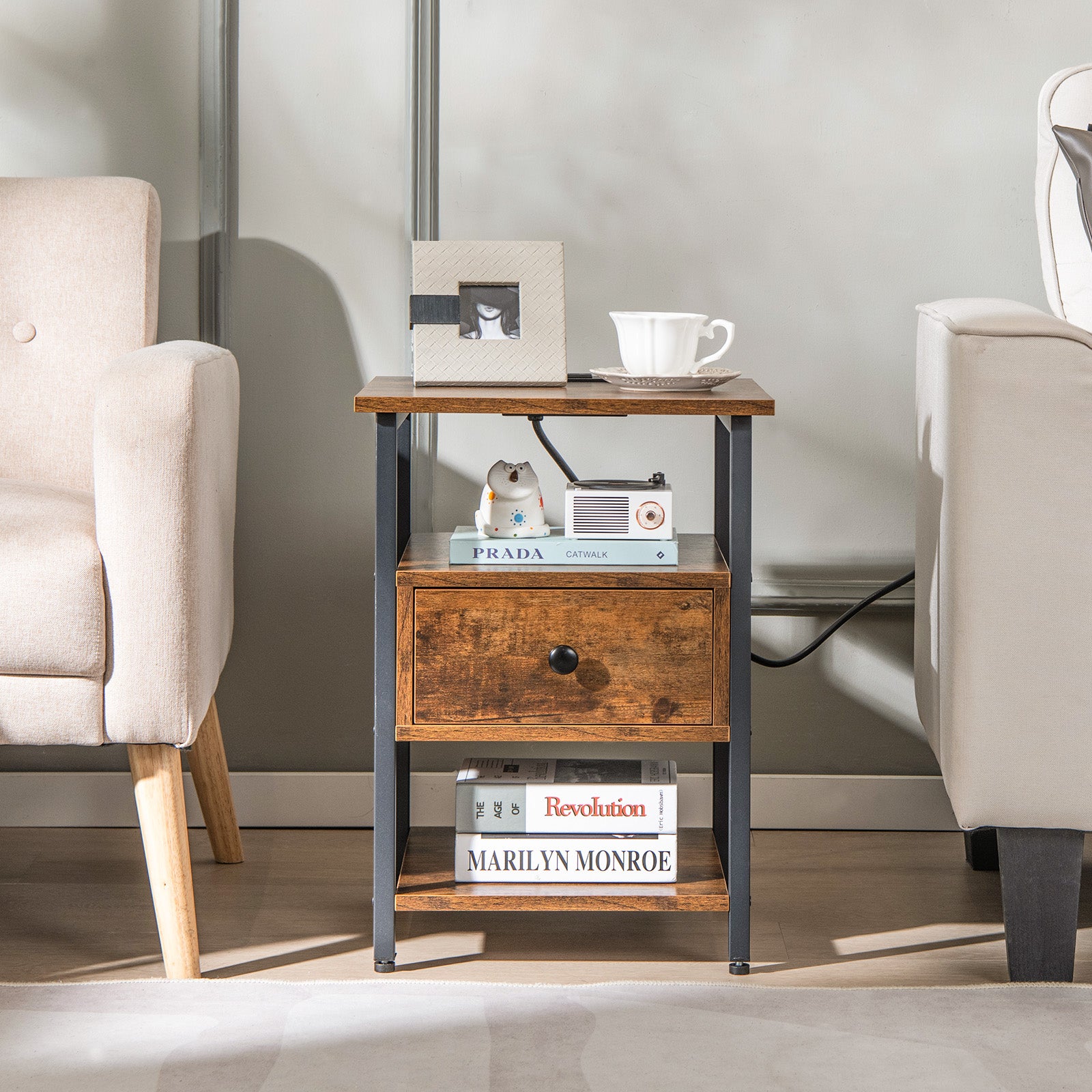3-Tier Set of 2 Nightstand with Charging Station Open Shelves and Drawer