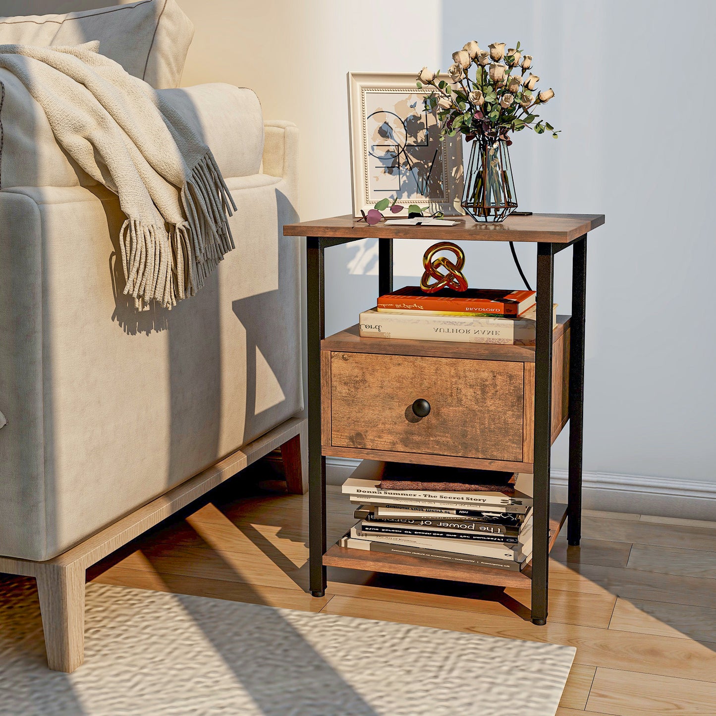 3-Tier Set of 2 Nightstand with Charging Station Open Shelves and Drawer