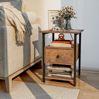 3-Tier Set of 2 Nightstand with Charging Station Open Shelves and Drawer