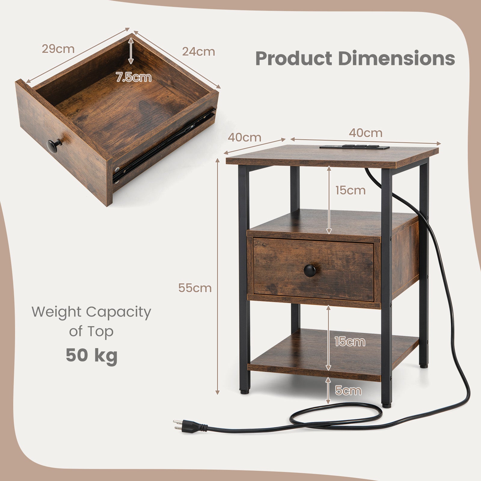3-Tier Set of 2 Nightstand with Charging Station Open Shelves and Drawer