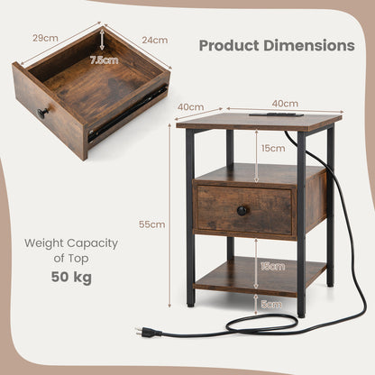 3-Tier Set of 2 Nightstand with Charging Station Open Shelves and Drawer