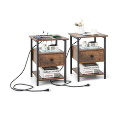 3-Tier Set of 2 Nightstand with Charging Station Open Shelves and Drawer