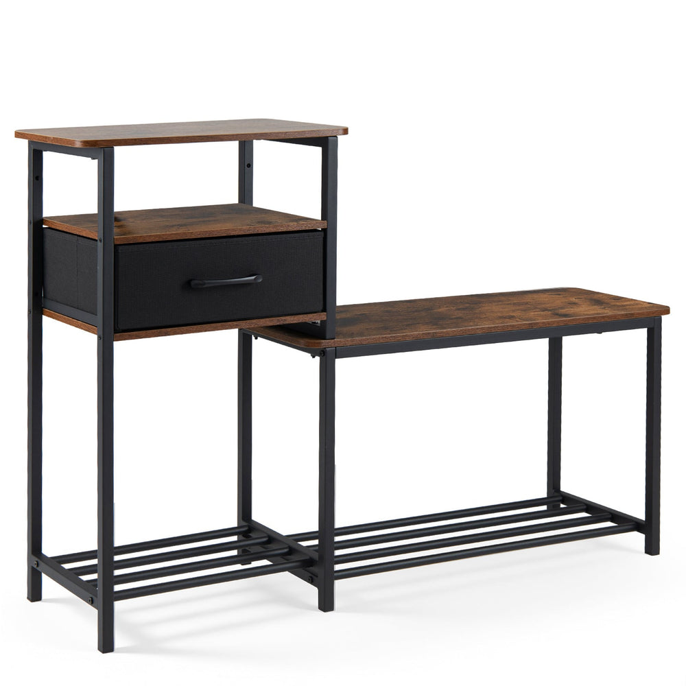 3-Tier Shoe Rack Bench Industrial Shoe Storage Bench with Drawer and Metal Frame for Living Room Mudroom-Brown
